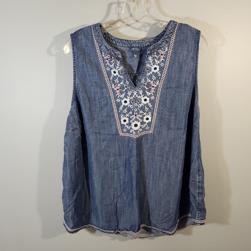 J. Jill Size 1X Embroidered Denim Sleeveless Top - Picture 2 of 7
